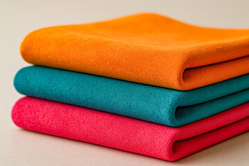 Stack of three neatly folded suede fabrics in vibrant orange, teal, pink hues. The soft, matte texture and clean presentation make this image ideal for textile samples, fashion mockups, product visual
