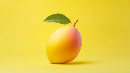 Fresh, Ripe Mango with a Leaf on a Vibrant Yellow Background, Isolated, Minimalist Style