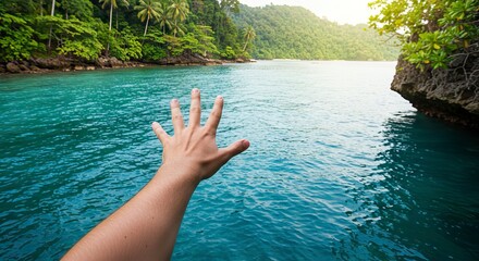 Reaching Hand Out to Tropical Sea with Lush Green Coastline View