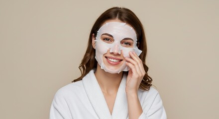 Woman Applying Facial Mask for Skincare Routine in White Bathrobe