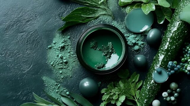 A green bowl with green paint and green powder on a table. The bowl is surrounded by green leaves and other green objects. Scene is calm and peaceful, as the green colors are soothing and natural