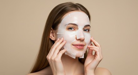 Woman Applying Facial Sheet Mask for Skincare Treatment at Home Spa