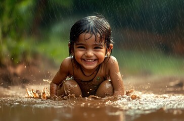 A joyful Indian child kneeling in a rain puddle, brown muddy water around, curious face