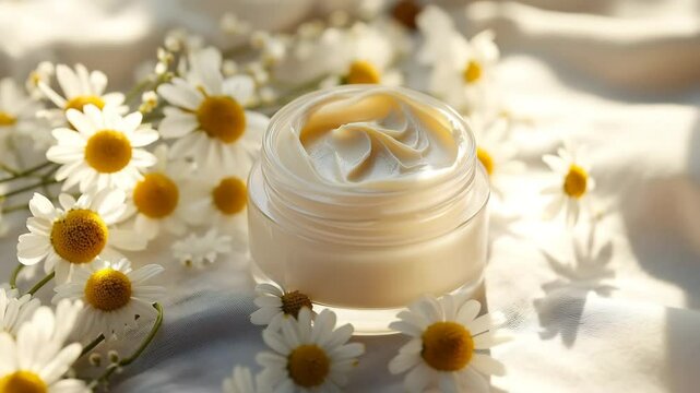 A jar of cream is sitting on a table with a bunch of yellow flowers. The jar is half full and the flowers are scattered around it. The scene gives off a feeling of relaxation and indulgence