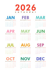 Colorful printable vertical 2026 calendar. Monday start. Desk or wall A4 calendar