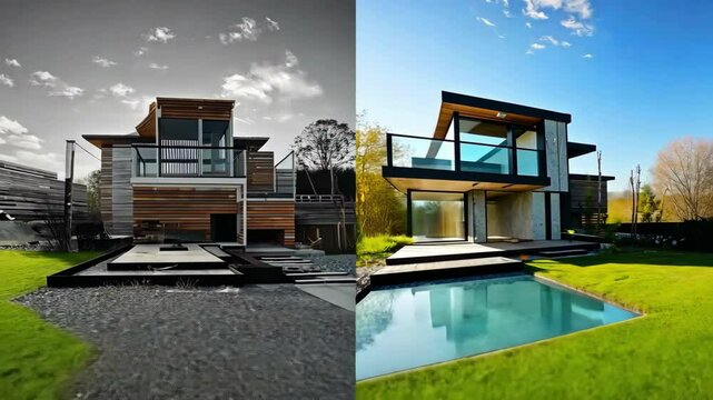 A modern construction project showing a house in the process of transformation, on one side made of raw materials, and on the other a finished house surrounded by greenery with a swimming pool.