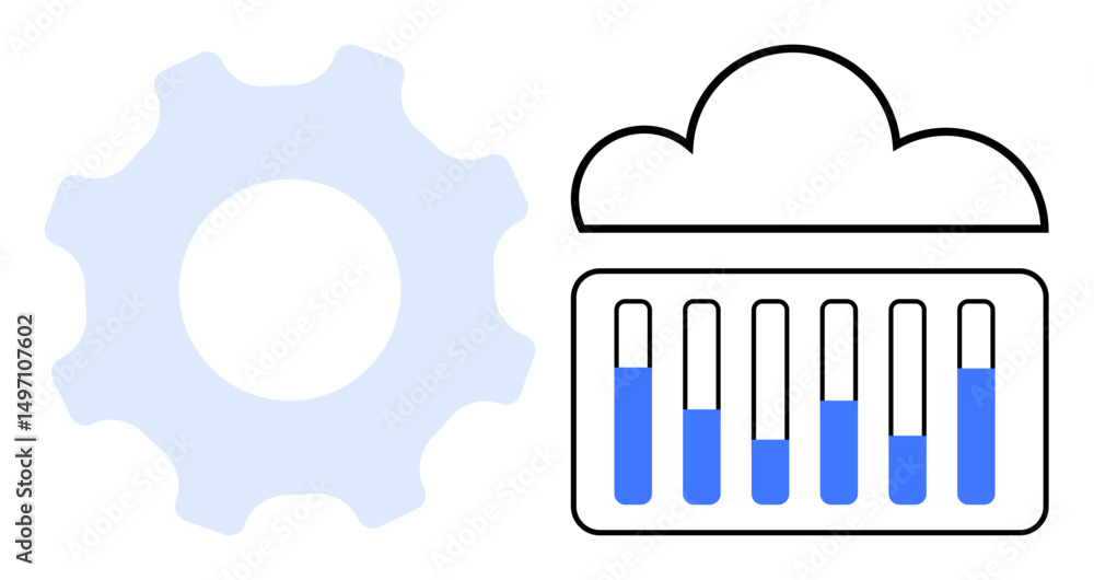 Poster gear and cloud visuals connected to bars showing data progress. ideal for technology, cloud storage,