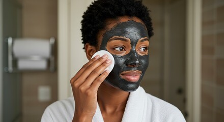 Woman Removing Black Facial Mask with Cotton Pad in Bathroom