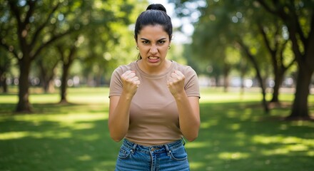 Angry Woman Clenching Fists Outdoors Expressing Frustration in a Park Setting