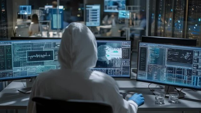 Biomedical engineer wearing protective suit working on computer with futuristic software analyzing human brain in modern laboratory with other scientists working in background