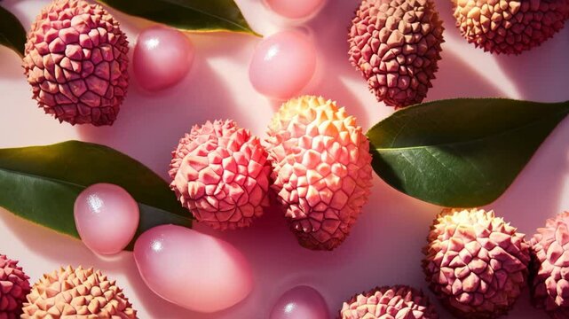A close up of a bunch of pink lychee with green leaves. The lychee are arranged in a way that they look like they are floating in a pool of pink liquid. The image has a playful and whimsical mood
