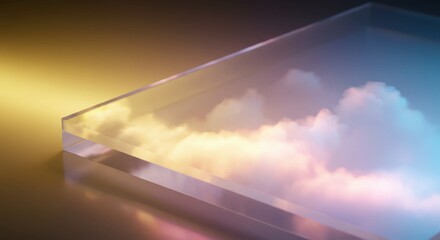透明なアクリル板に映る空と雲の反射 | 抽象的な背景素材、テクノロジー、環境保護のコンセプトイメージ