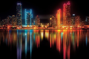 Obraz premium Night City Skyline with Colorful Lights Reflected in Water
