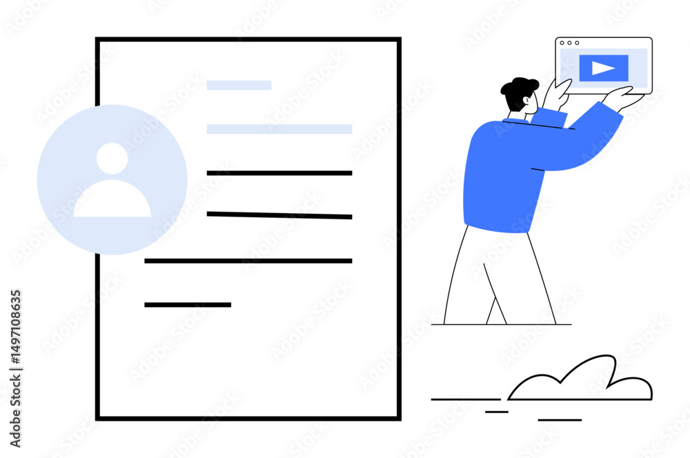 Poster man presenting a digital video player beside a large document with profile icon. ideal for content c