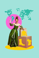 Template sketch artwork 3D photo collage of young lady stand smile worldwide commerce offer black store sale buyer hold stack box stuff