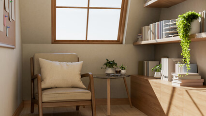 A glass top wooden table with armchair next to bookshelf under roof window in attic or room corner. © bongkarn