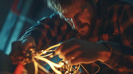 Man Working with Electrical Wires in a Dimly Lit Environment