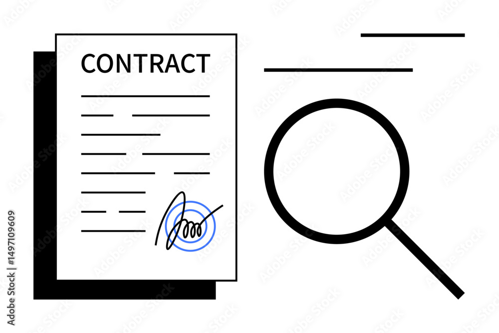 Poster contract document with signature next to magnifying glass highlighting review process, attention to 