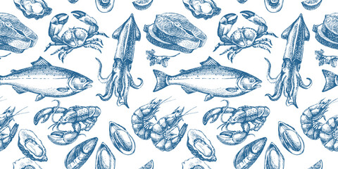 Sketch vintage seafood seamless pattern. Hand drawn vector illustration background