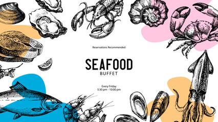 Sketch vintage seafood frame. Hand drawn vector illustration background