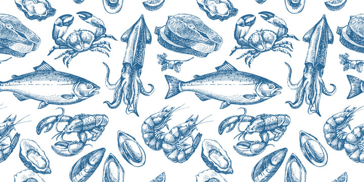 Sketch vintage seafood seamless pattern. Hand drawn vector illustration background