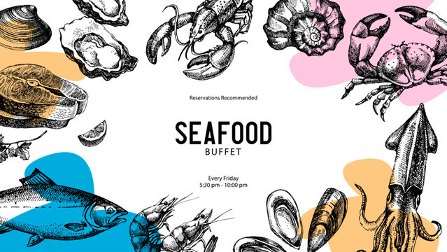 Sketch vintage seafood frame. Hand drawn vector illustration background
