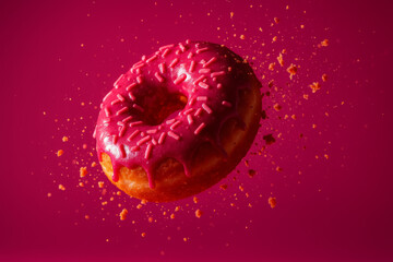 Glazed Donuts with Sprinkles Floating on Pink Background, Sweet Dessert Concept