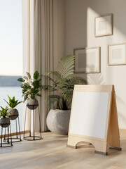 Blank wooden signboard placing near potted plants and a large wall window with seaside view.