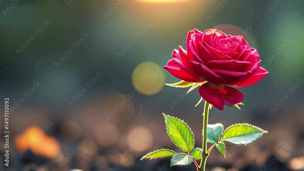 Poster a vibrant red rose emerging from dark soil illuminated by warm light symbolizing resilience
