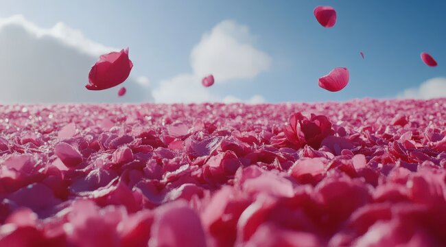 A vast field of vibrant pink rose petals under a bright, partly cloudy sky, with more petals floating gently in the air
