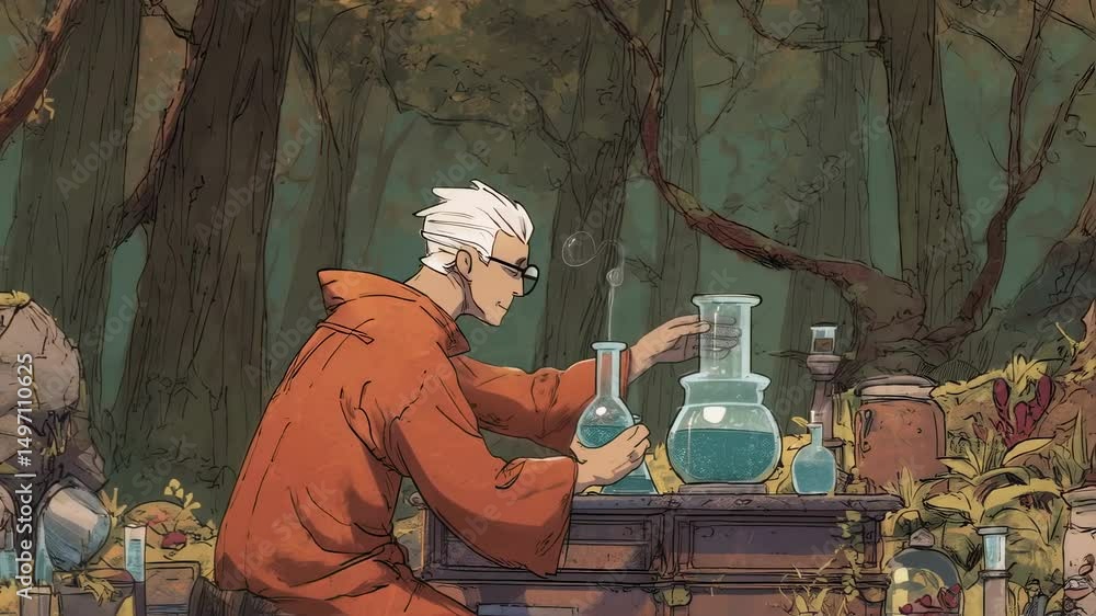 Poster alchemist, clad in an orange robe, meticulously combines ingredients in glass flasks within a forest