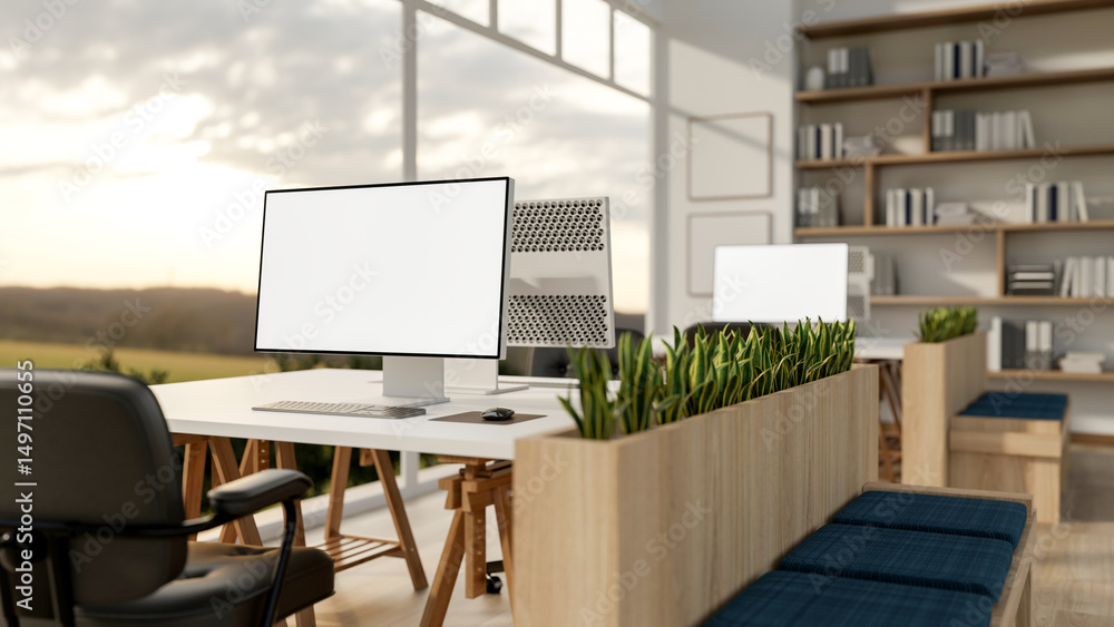 Poster blank screen computers on table with armchairs near partition bench in office with wide glass wall.