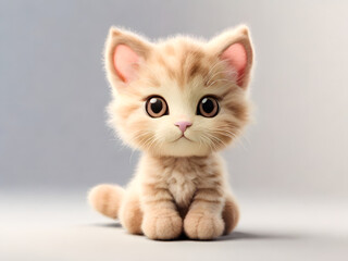 Adorable ginger tabby kitten with big brown eyes sitting on a soft, light background.
