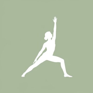 Simple white silhouette of a woman doing a yoga pose on a green background, representing fitness and relaxation for health and wellness concept design asset
