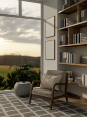 Fototapeta premium An armchair with pillow next to potted plant and large bookshelf in the room with green scenery view