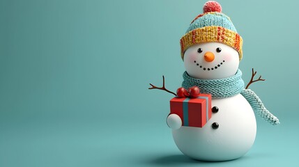 Fototapeta premium Cheerful snowman holding a festive gift