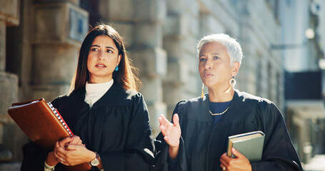 Women, judge and talking in city outdoor for courtroom discussion, legal team and justice...