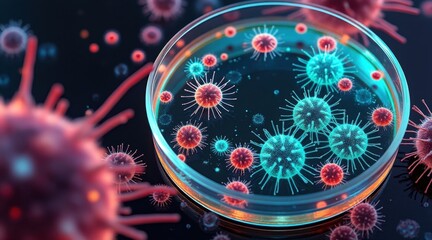 High magnification view of anthrax bacillus with glowing spore cells under microscope in abstract petri dish, microbiology, infectious disease, bioterrorism, science, danger, bacterial structure.