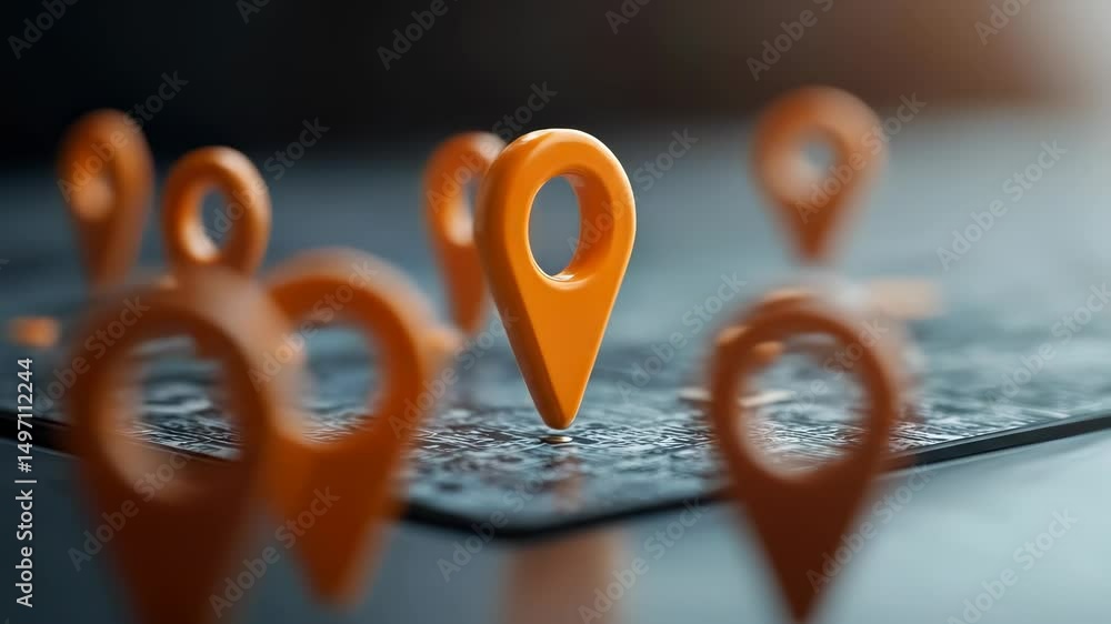 Poster orange location marker and map pointer on dark surface, symbolizing navigation, travel, and directio
