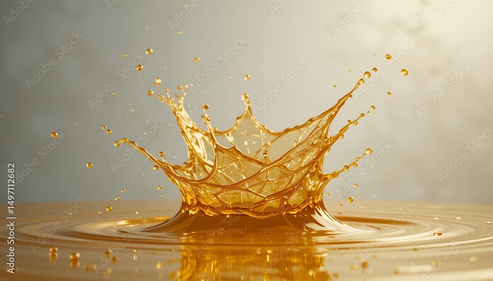 Poster golden liquid splash forming a crown shape with droplets in motion on smooth surface