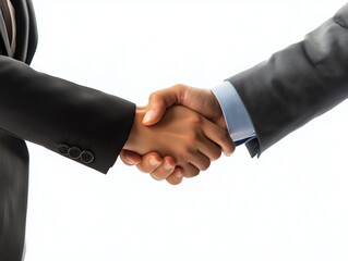 Business negotiation handshake. People's arms shaking wearing professional suit. Agreement, deal, partnership, cooperation. Businessmen's hands holding. Isolated on white background