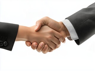 Business negotiation handshake. People's arms shaking wearing professional suit. Agreement, deal, partnership, cooperation. Businessmen's hands holding. Isolated on white background