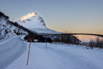 Winter road and a mountain, Norway