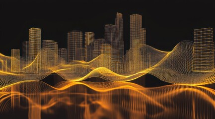 Golden, wireframe city skyline emerging from undulating, glowing energy waves against a black background