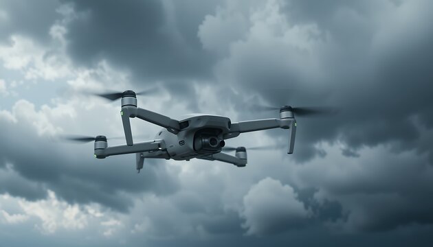 Drone flying in dramatic cloudy sky showcasing advanced aerial technology and surveillance capabilities