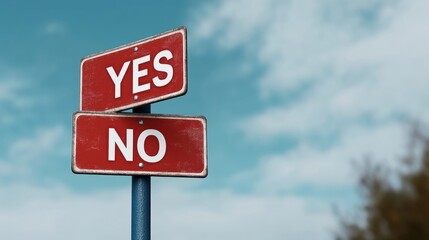 Directional signs display yes and no answers in a clear sky above a green landscape during daytime, inviting decision-making moments
