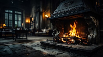 Cozy Fireplace with Warm Interior, Vintage Home, and Winter.