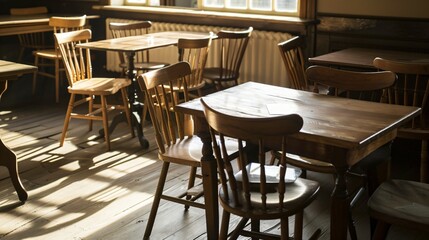 Empty restaurant interior with chairs stacked on tables, conveying quiet finality of closure. Abandoned cafe, business shutdown, last day of operation, deserted dining space concept.