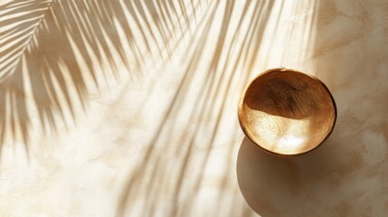 Fototapeta premium Beige Wooden Bowl and Palm Leaf Shadow on Neutral Background