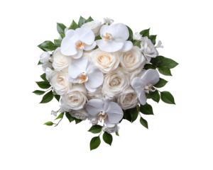 Isolated transparent A beautiful bouquet featuring white roses and orchids, surrounded by vibrant greenery. PNG die-cut element for advertising